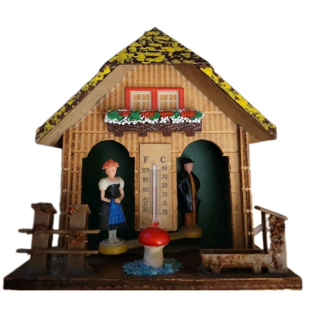 Vintage German Weather House Chalet Thermometer Barometer Black Forest Folk Art